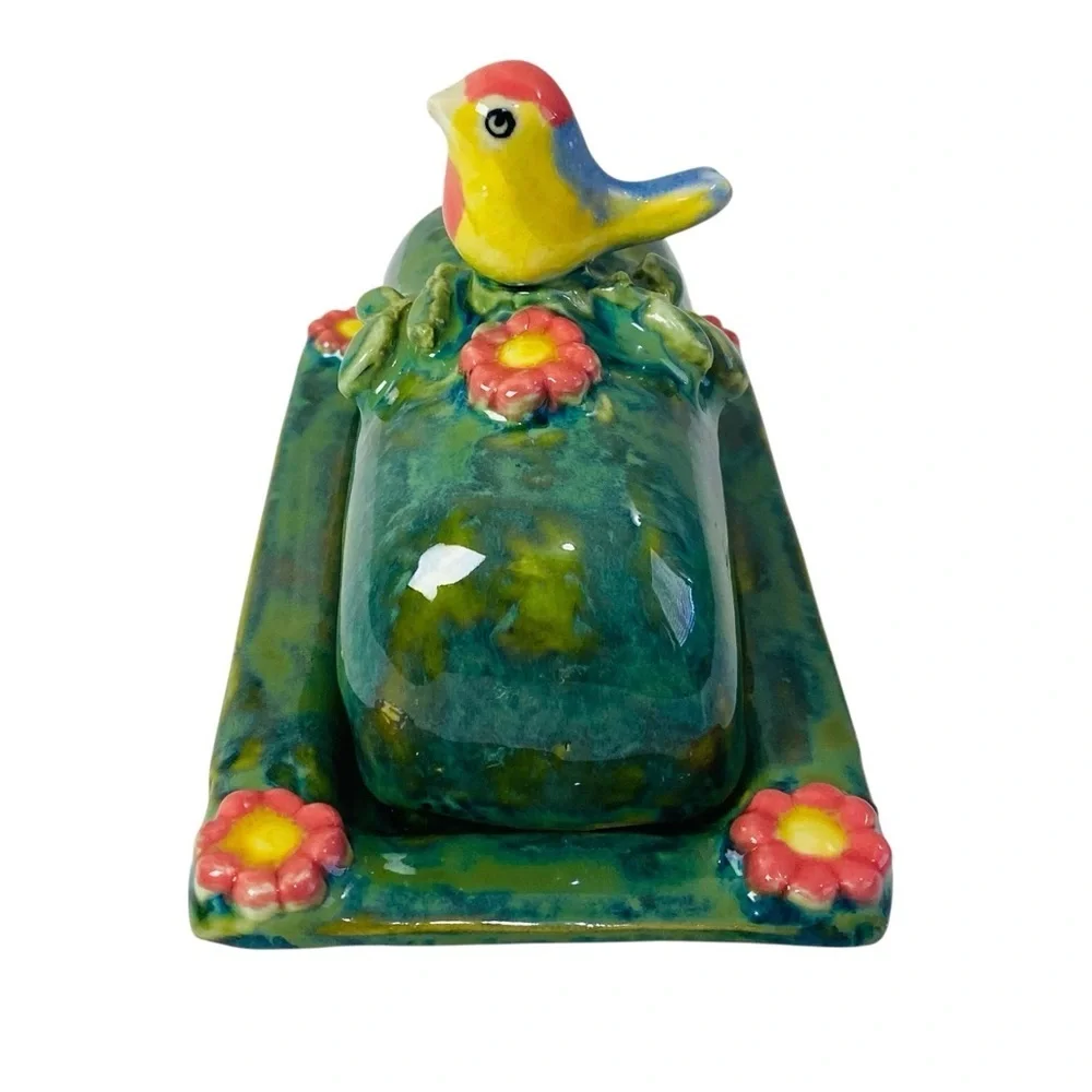 Handmade Ceramic Butter Dish W/ Whimsical Bird And Flower Motif Lid Signed